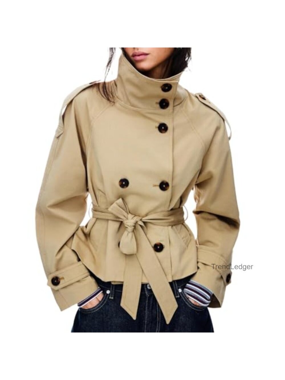 Cropped Trench Coat Double Breasted Belted Jacket Fall Winter